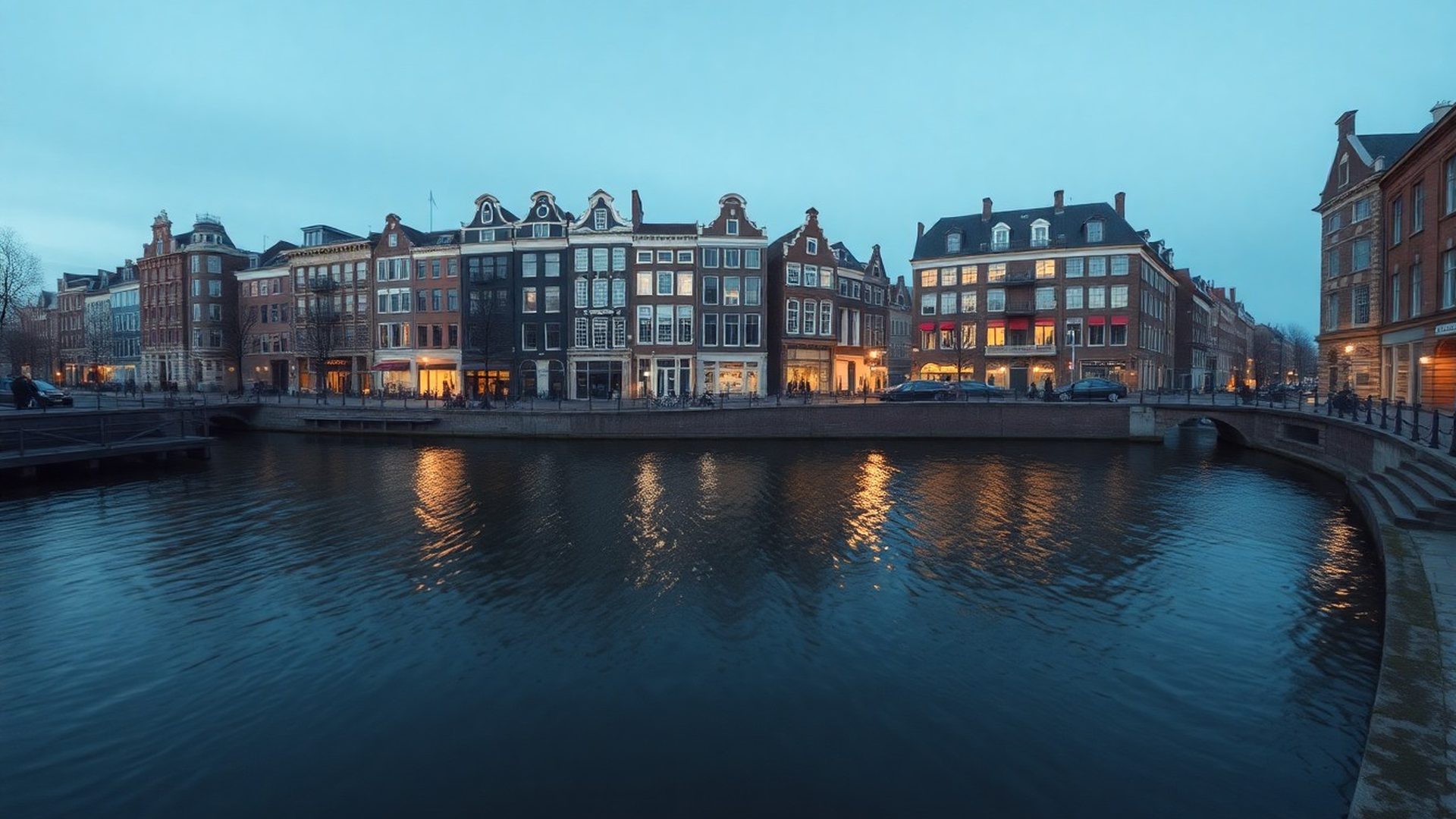 Amsterdamse gracht in schemerlicht met slate-blauwe reflecties