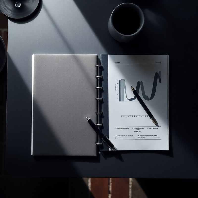 Bureauscène met notitieboek en geometrische grafieken op mat papier
